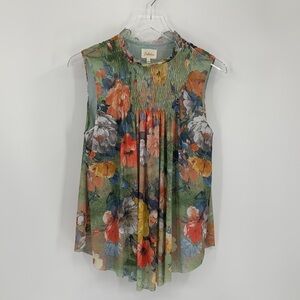 Deletta floral smocked blouse top shirt green ruffle Anthropologie orange Small